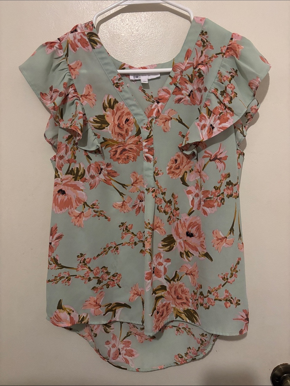 DR2 Mint Floral Ruffle Sleeve Blouse with Pink Flowers